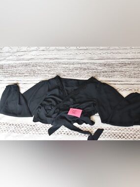 Black Lace-Trim Wrap Top with Puff Sleeves